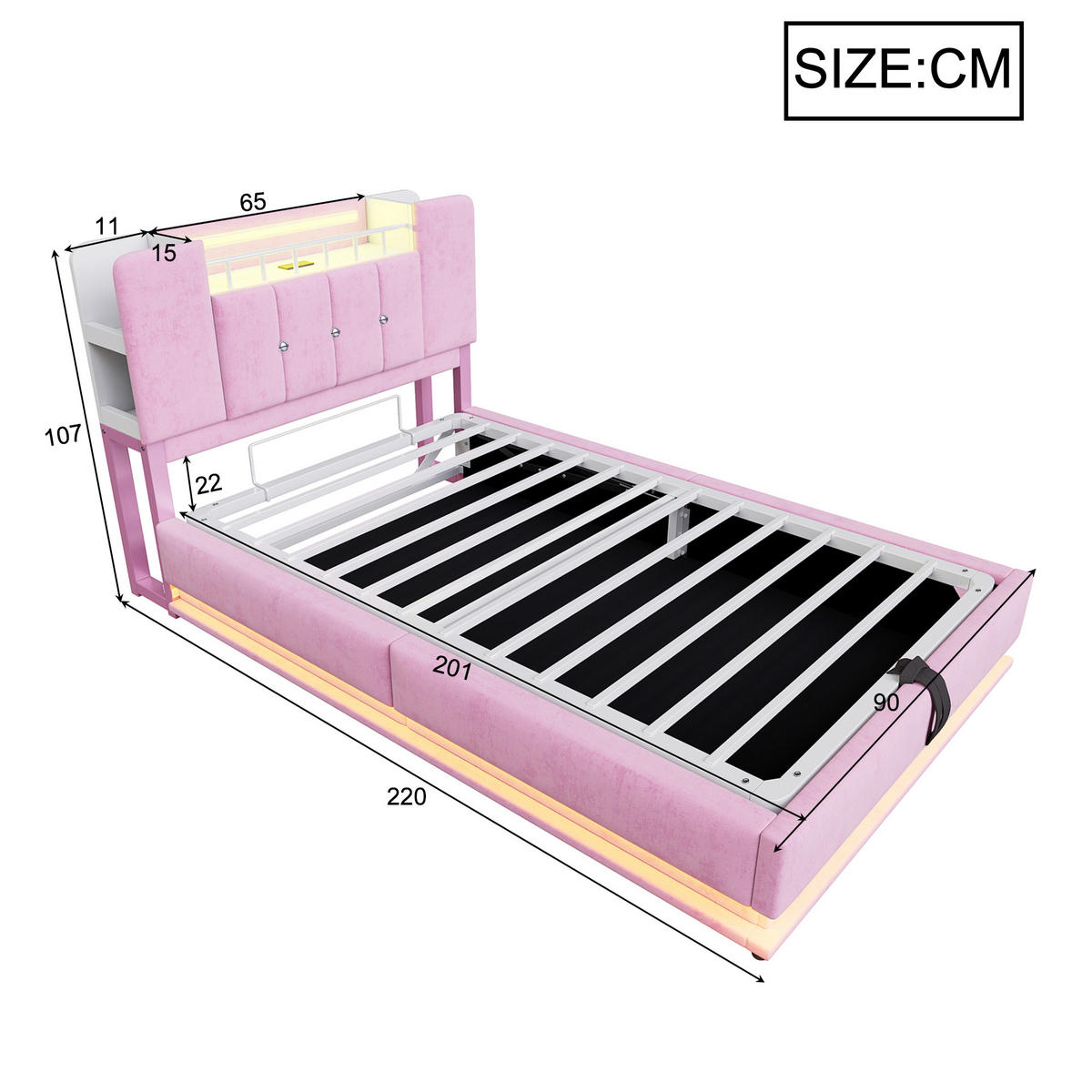 POLSTERBETT 90/200 cm Pink mit LED-Beleuchtung und Stauraum aus Samt - Rosa, Textil (90/200cm) - OKWISH