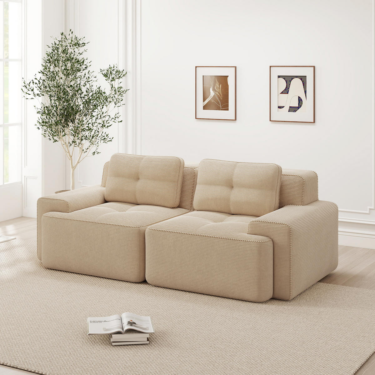 2-SITZER SOFA Cord Beige mit rutschfester Basis - Beige, Textil (204/69/104cm) - WISHDOR