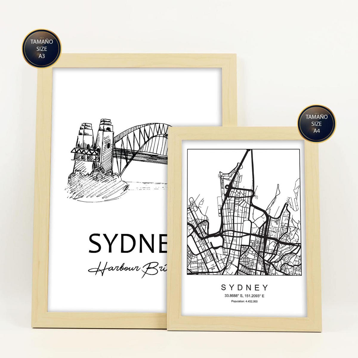 POSTER Set Mit 6 Drucke Von Australien Von Karten In Schwarz Weiß A3 & A4 Rahmen Aus Hellem Holz - Beige, Papier (29/3cm) - Nacnic