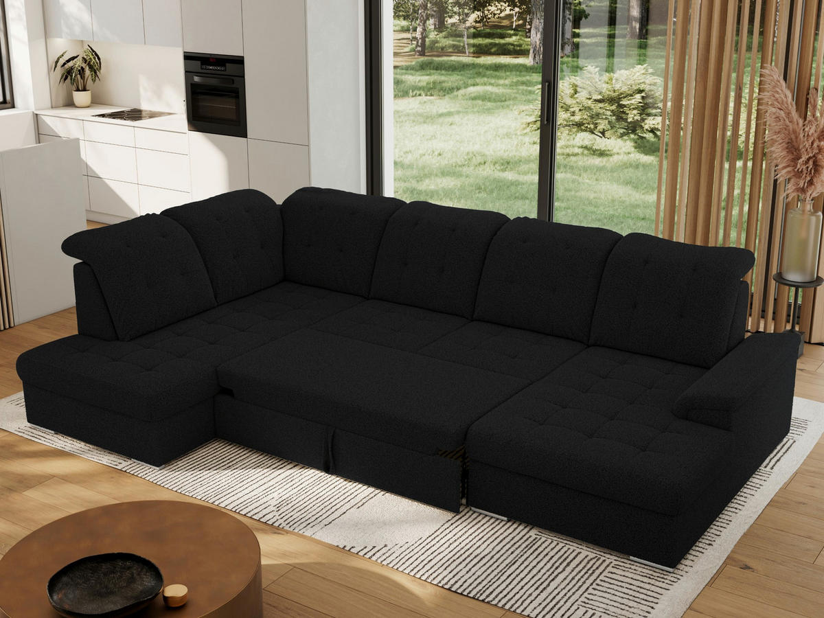 WOHNLANDSCHAFT MADRITO U - Schwarz Boucle - Links - Silberfarben/Schwarz, Textil/Metall (204/89/323cm) - MKS