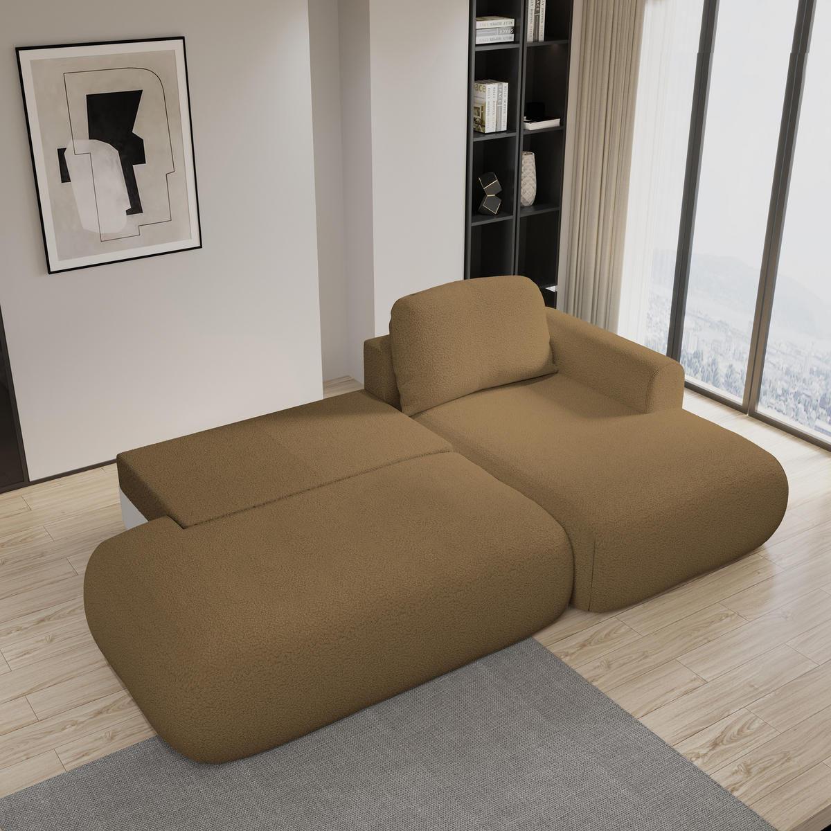 ECKSOFA NUVIRA R-S Orange Boucle-Stoff mit Schlaffunktion - Orange, Holz (274/165cm) - MASSENO