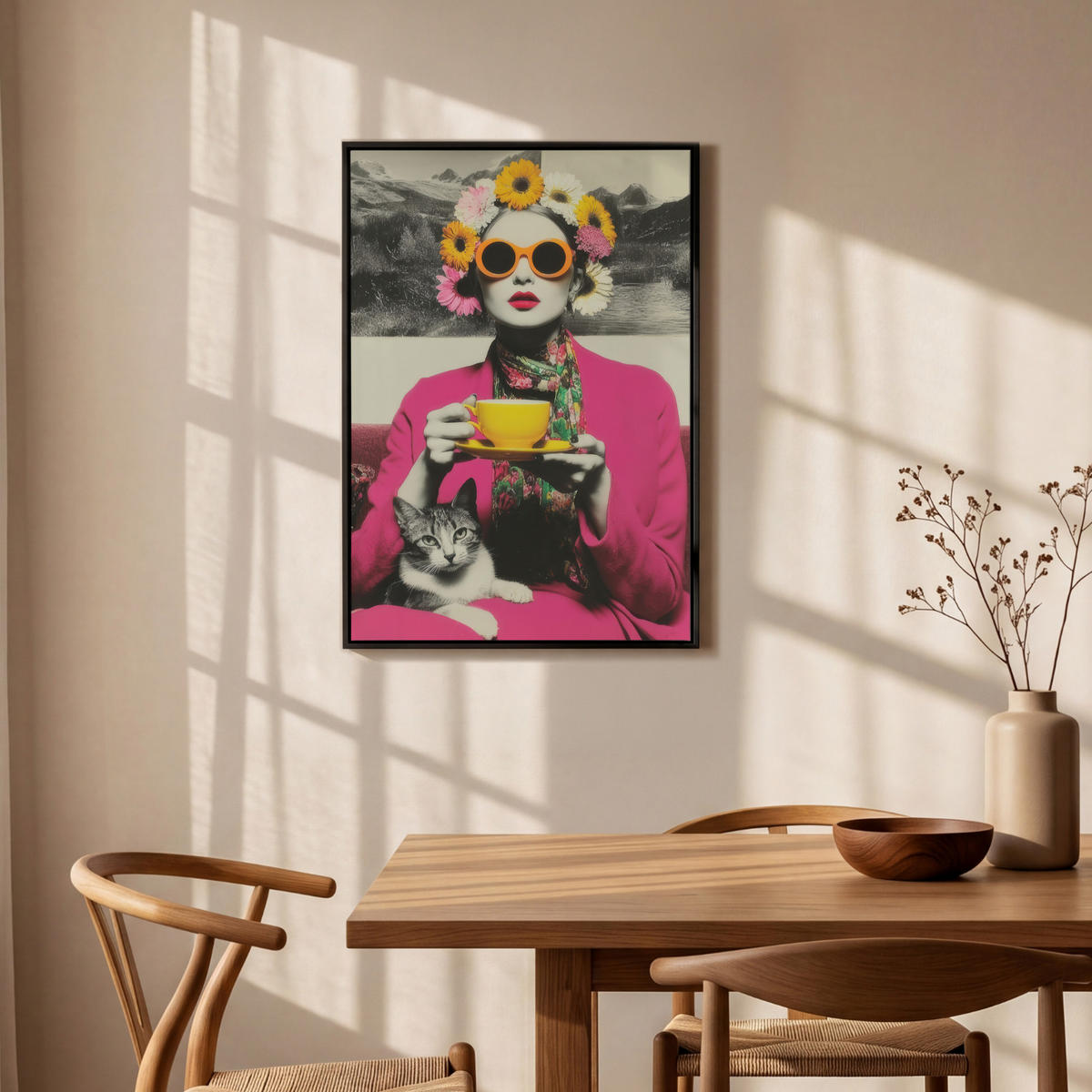 LEINWAND Bilder mit Rahmen - Frau - Katze - Blumen - Tasse - Retro - 60x90 - Magenta, Textil (60/90cm) - MuchoWow