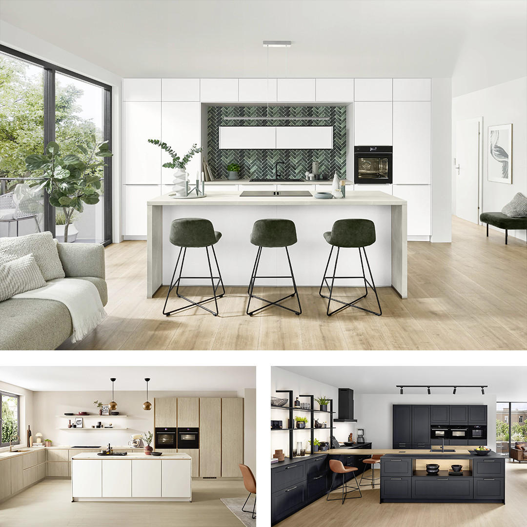 Collage mit drei modernen Küchen von NOBILIA in Trendfarben und verschiedenen Küchenformen.