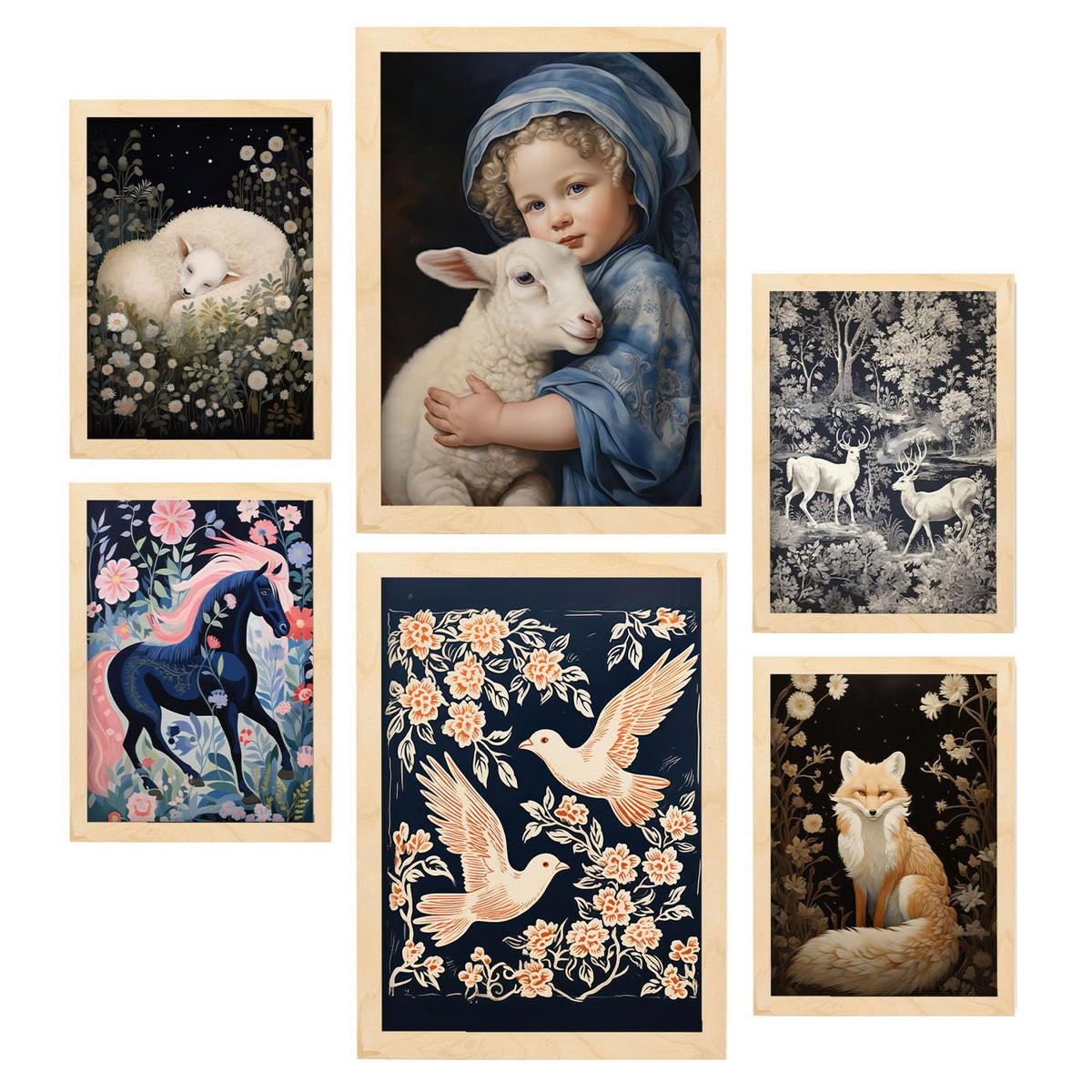 POSTER Set Mit 6 Nachtthema A3 & A4 Rahmen Aus Hellem Holz - Beige, Papier (29/3cm) - Nacnic