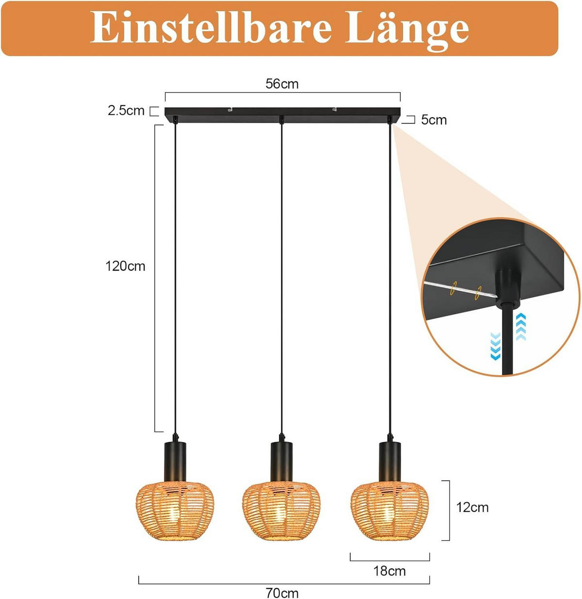 PENDELLEUCHTE BARBARA Ⅲ 70/56/120 cm - Schwarz, Metall (70/56/120cm) - Nettlife