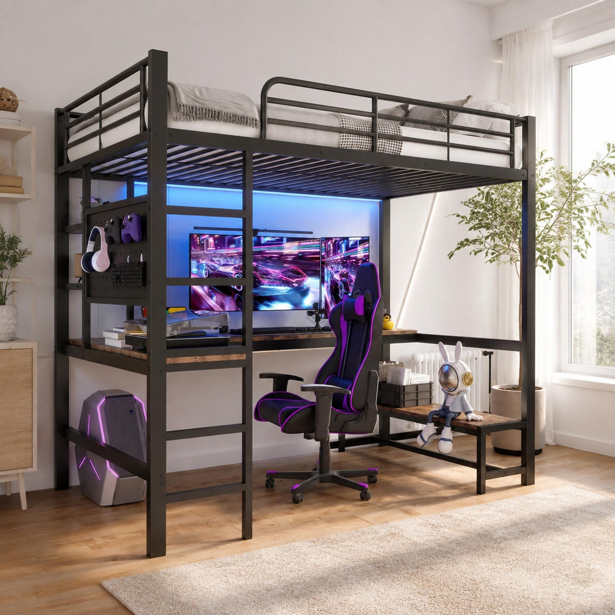 HOCHBETT 90/200 mit LED, Schreibtisch, USB-Type-C und Lochbrett in Schwarz - Schwarz, Holz/Holzwerkstoff (90/200cm) - EVRYAE