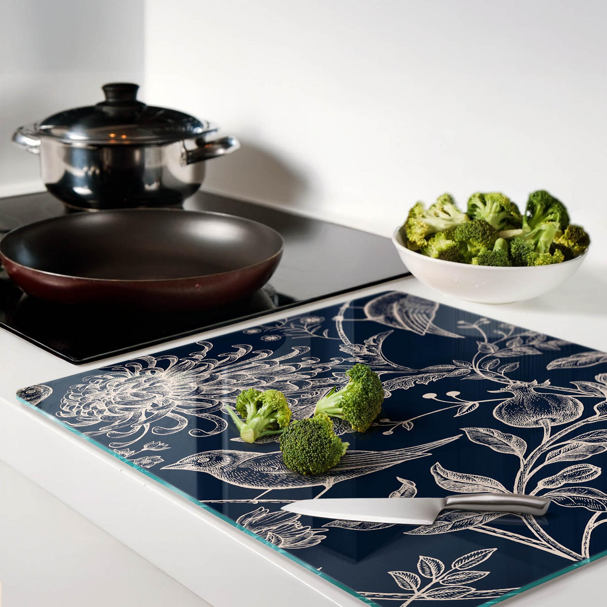 GLASPLATTE 60x52 cm Blumen und Vögel - Blau, Glas (60/0.4/52cm) - TULUP