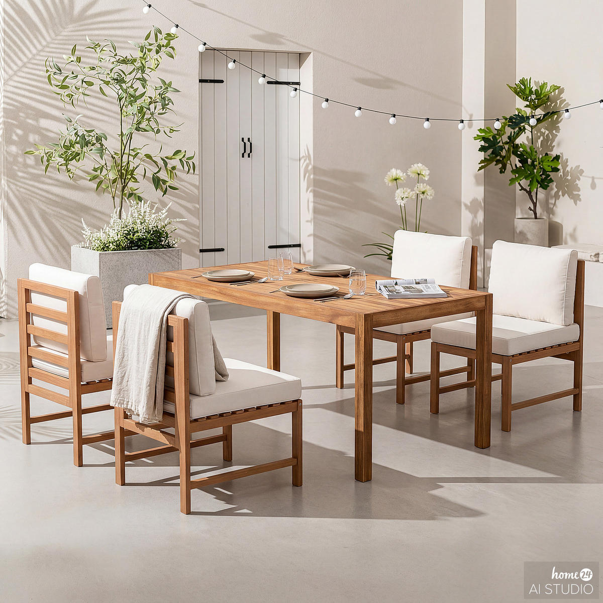 DINING-LOUNGESET - 5-teilig - Akazie massiv / Polyester - Braun / Beige - Beige/Braun, Holz/Textil - home24