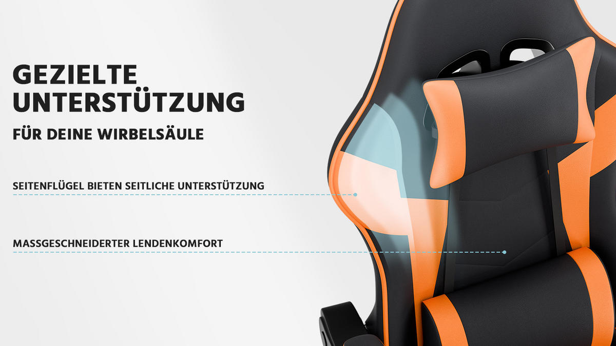 GAMINGSTUHL Schwarz-Orange 58,5/63/120,5 cm - Orange, Metall (58.5/120.5/63cm) - PANGIVO