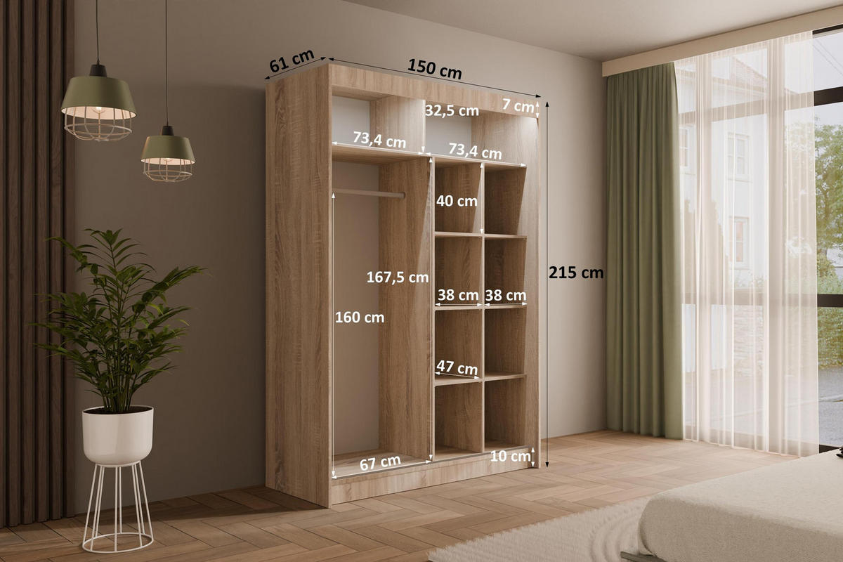 KLEIDERSCHRANK PEKA mit LED - 150 cm - Sonoma Eiche|Weiß - Weiß/Sonoma Eiche, Holzwerkstoff (150/215/61cm) - ALTDECOR