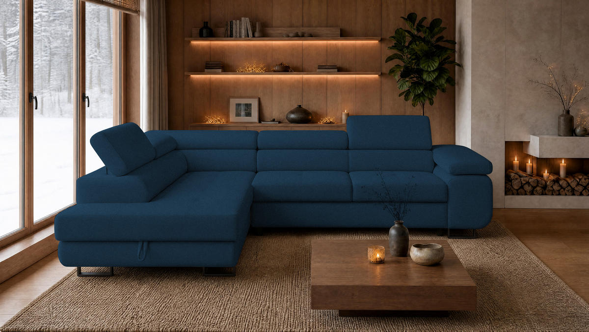 ECKSOFA Velmo mit Bettkasten und Schlaffunktion, verstellbaren Kopfstützen, in L-Form - Blau, Textil (275/203cm)