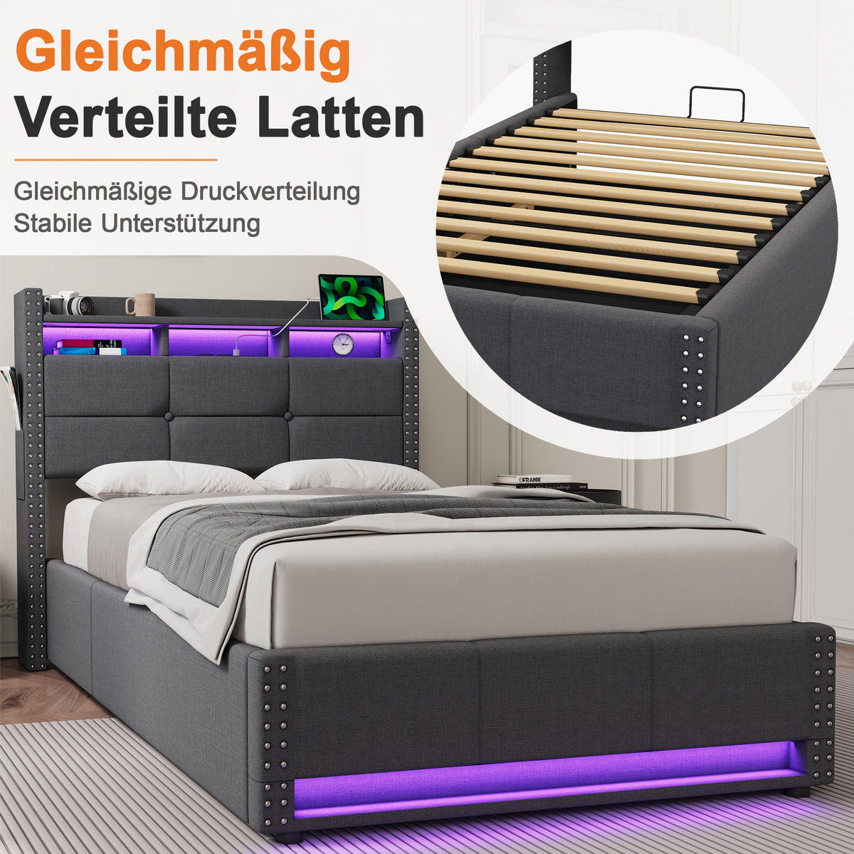 POLSTERBETT 90/200 cm dunkelgrau aus Leinenstoff mit hydraulischem Stauraumkopfteil LED und USB-Ladefunktion - Dunkelgrau, Textil (90/200cm) - OKWISH