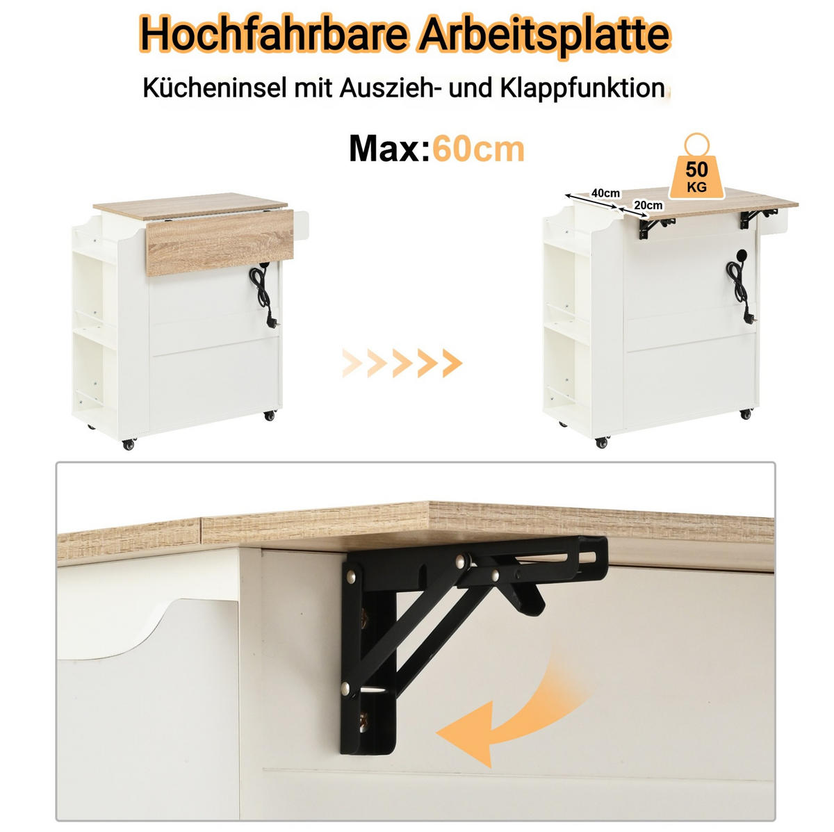 KÜCHENINSEL 66/40(60)/90 cm weiß mit klappbarer Platte - Weiß, Holzwerkstoff (66/90/38cm) - OKWISH