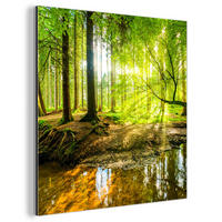 METALLBILD Wald - Landschaft - Wasser - Bäume - Sonne - Grün - Natur 20x20 cm - Grün, Metall (20/20cm) - MuchoWow