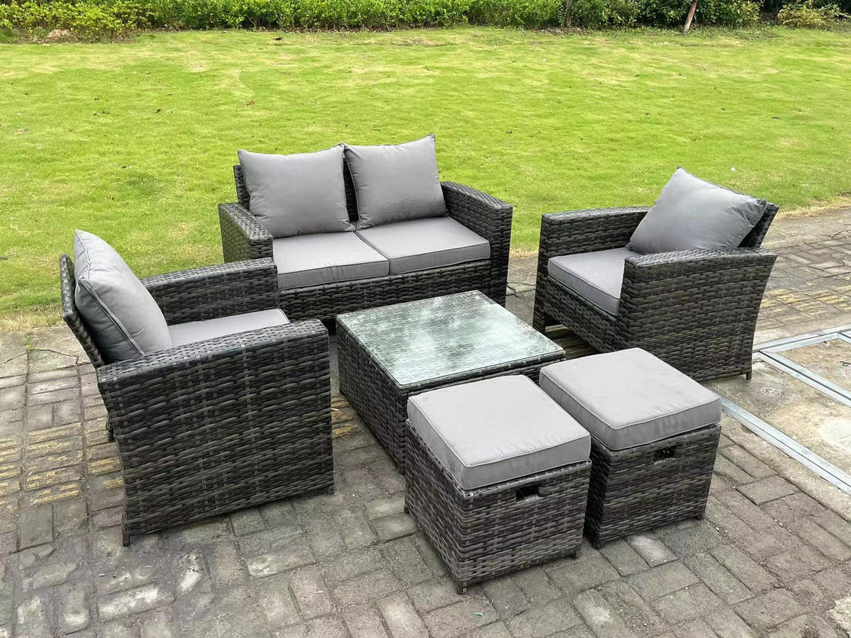 GARTENSOFA SET mit Couchtisch Polyrattan Dunkelgrau 6-Sitzer - Dunkelgrau, Metall - Fimous
