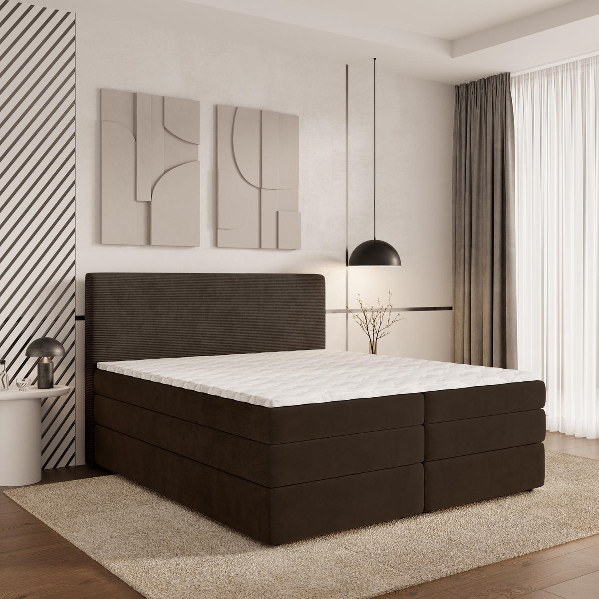 BOXSPRINGBETT MATERN 140x200 cm mit Matratze und Topper - Braun - Braun, Holz (140/200cm) - MASSENO