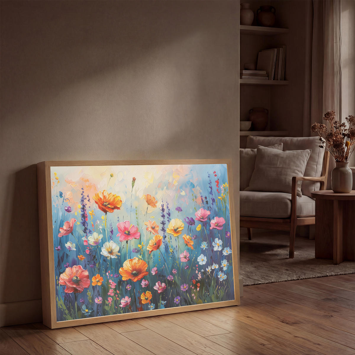 NÁSTĚNNÁ LAMPA S AKUMULÁTOREM Květiny - Příroda - Akvarel - Umění 90x60 cm - různobarevná, kompozitní dřevo (90/60/8cm) - OnlyWow