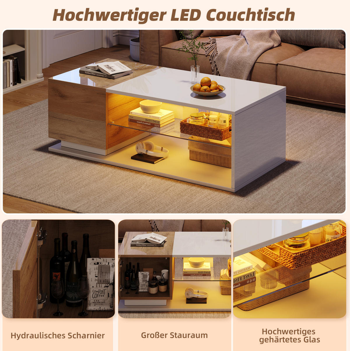 COUCHTISCH 105/50/36 cm mit LED-Beleuchtung, Stauraum, Hochglanz und Glasplatte, Weiß/Eichefarben - Weiß, Holzwerkstoff (105/50/36cm) - Redom