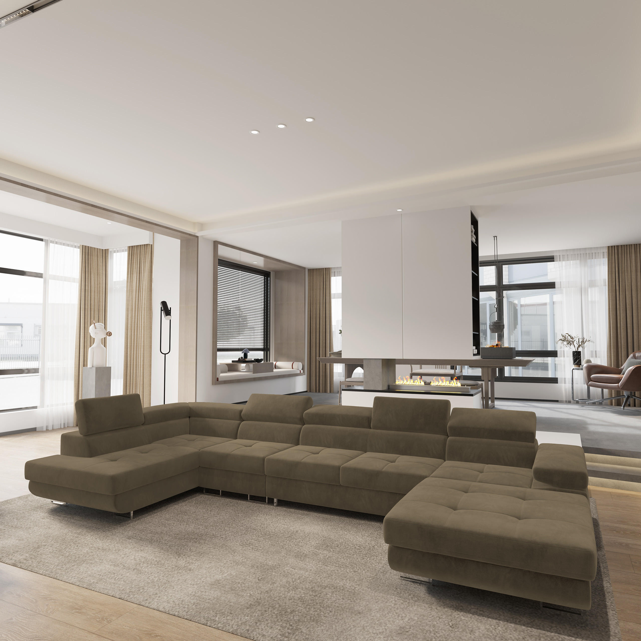 WOHNLANDSCHAFT VELORA L-S Beige Velours-Stoff mit Schlaffunktion - Beige, Holz (419/90/202cm) - MASSENO