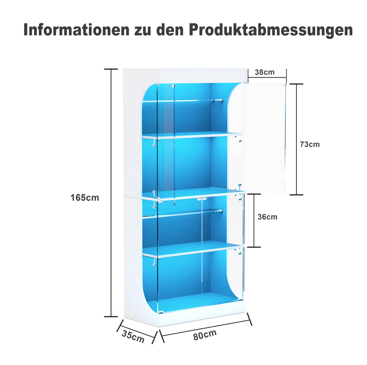VITRINE 80/35/165 cm Weiß aus Glas und Holzwerkstoff mit LED-Beleuchtung - Weiß, Holzwerkstoff (35/165/80cm) - OKMYHOME