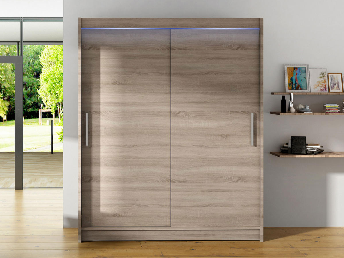 SCHWEBETÜRENSCHRANK Westa I, mit RGB LED Beleuchtung - Silberfarben/Trüffeleichefarben, Holzwerkstoff/Metall (150/200/58cm) - MIRJAN24