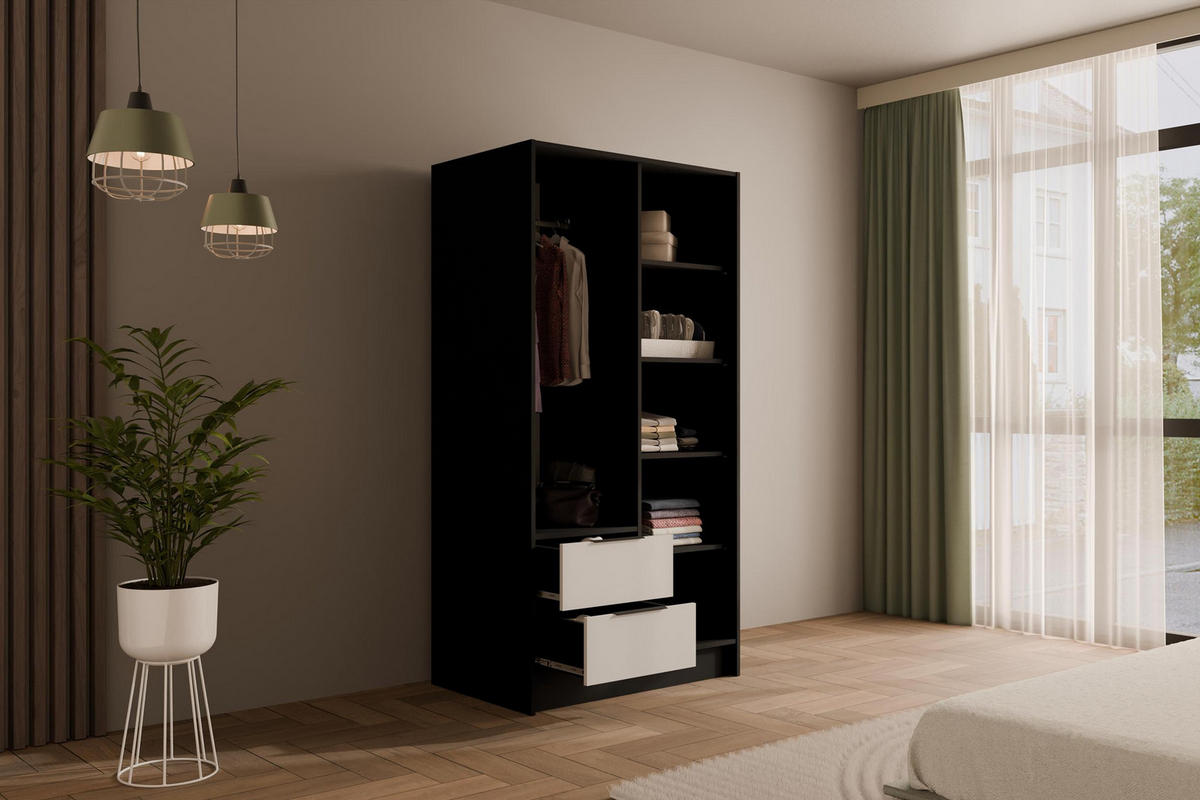 KLEIDERSCHRANK mit Spiegel und Flügeltüren KOLIN 100x200cm Schwarz / Weiß - Schwarz/Weiß, Holzwerkstoff (102/200/51cm) - ALTDECOR