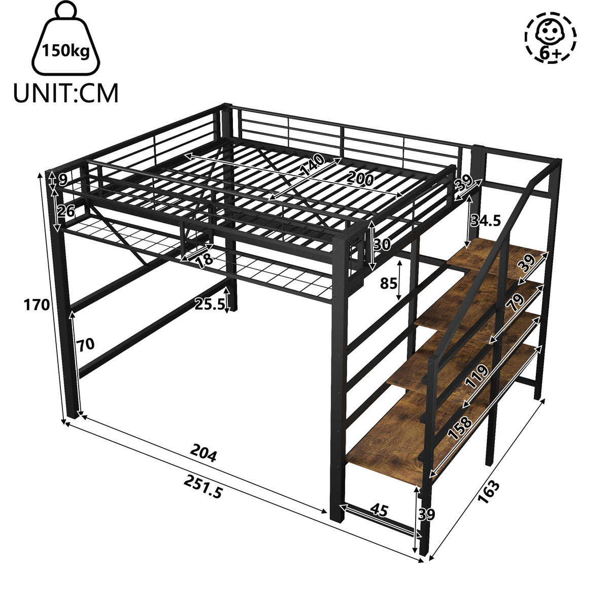 HOCHBETT 140/200 cm in Schwarz mit LED, Regal und Aufbewahrungskorb - Schwarz, Holzwerkstoff/Metall (140/200cm) - WISHDOR