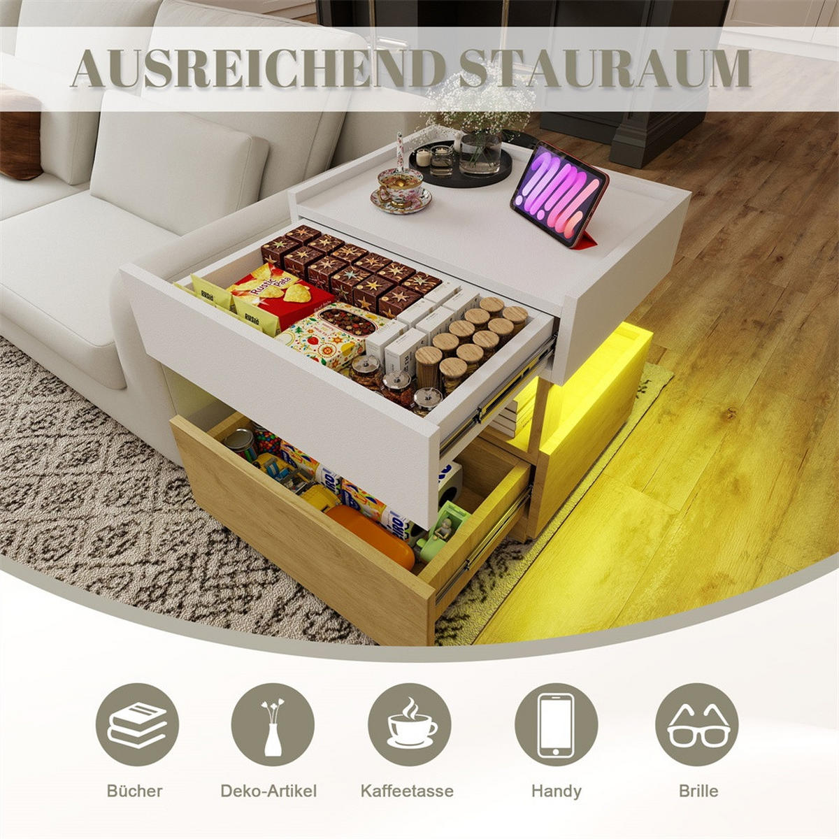 NACHTTISCH 50x40x50 cm mit 2 Schubladen - zweistöckiger Nachttisch mit LED Beleuchtung - Natur und Weiß - Weiß, Holzwerkstoff (50/50/40cm) - DELFA