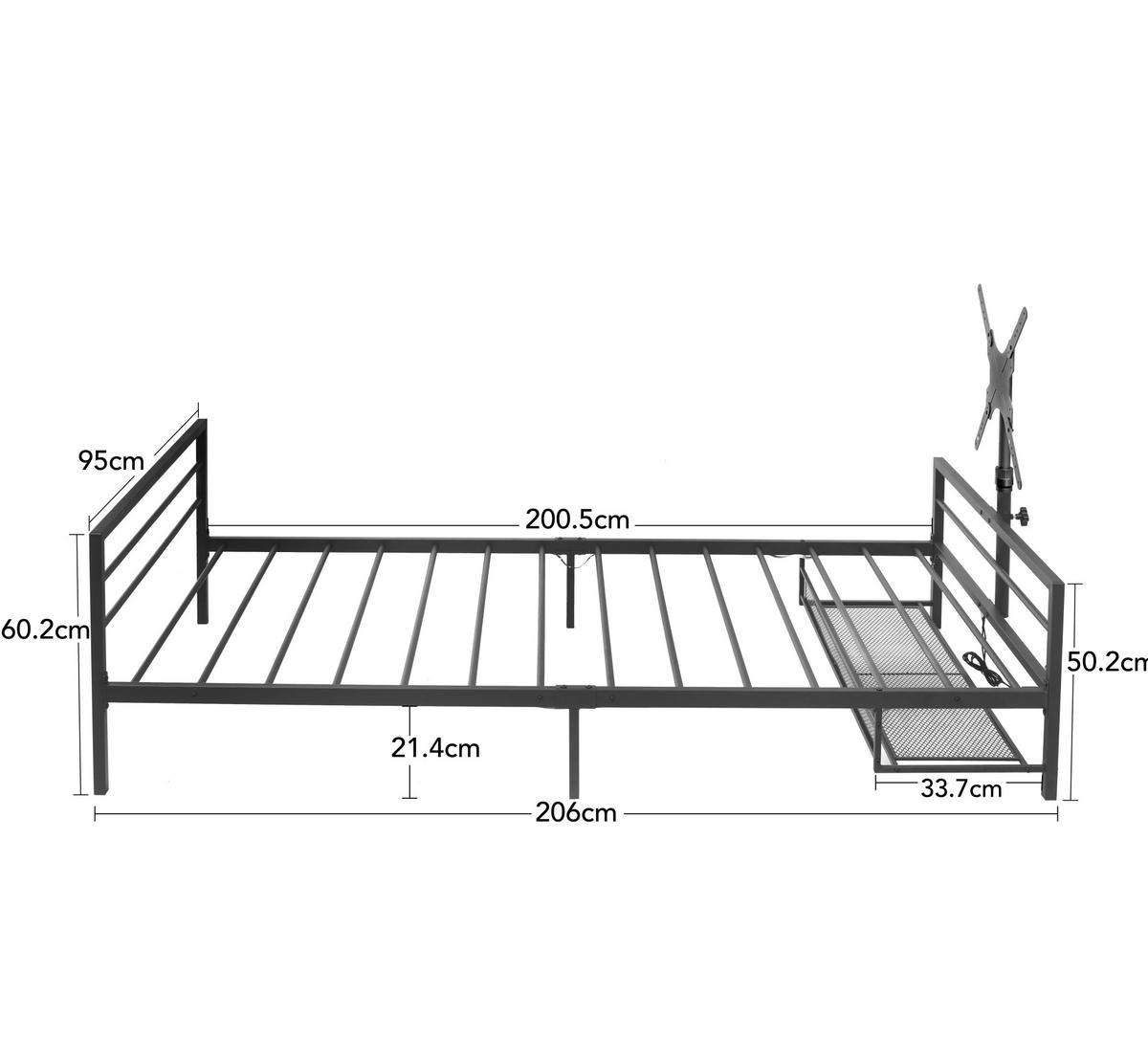 BETT Länge 206 cm aus Metall mit LED-Beleuchtung und Monitorhalterung - Schwarz, Metall (90/200cm) - Flora Grace