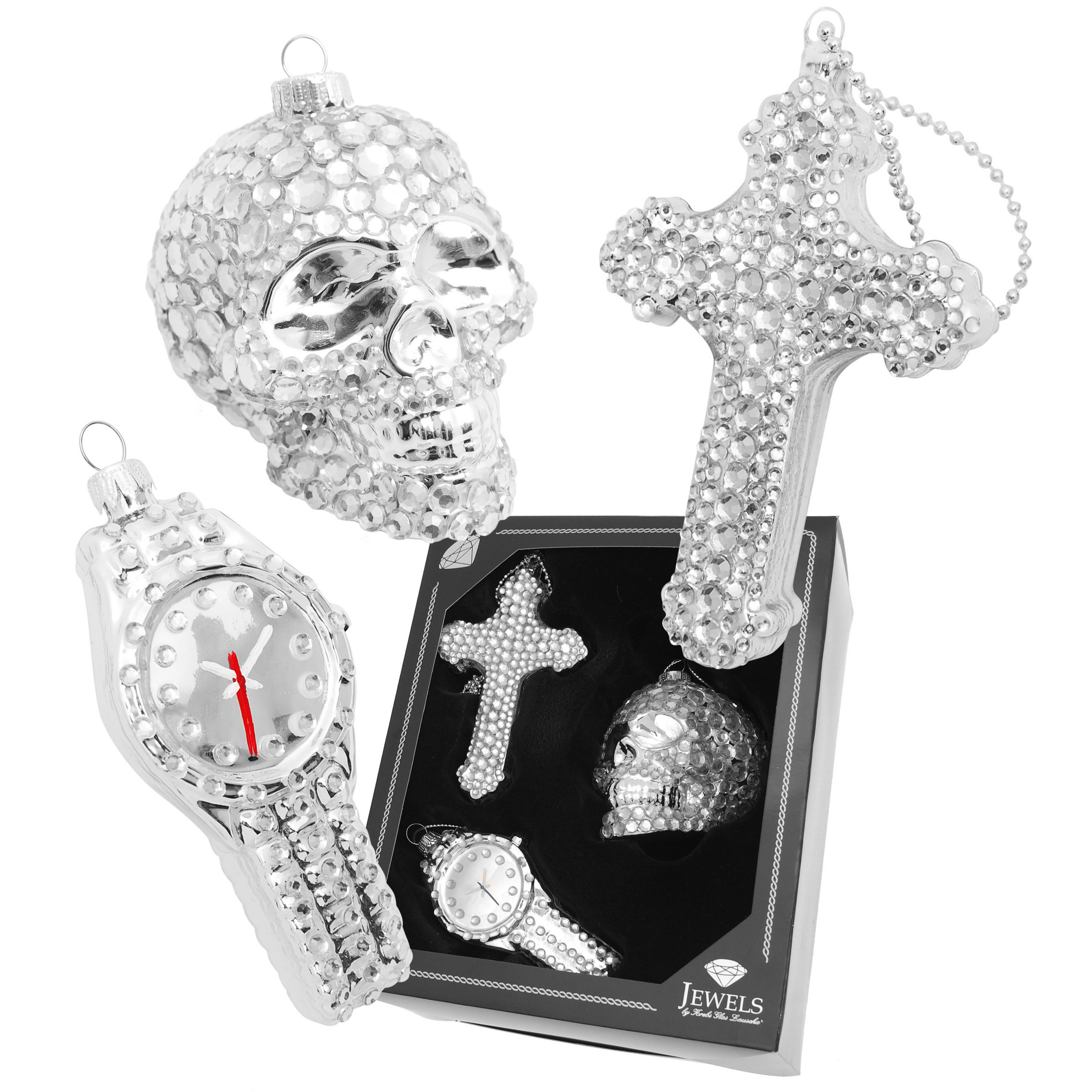 CHRISTBAUMSCHMUCK Sub Culture Strasssteine Silberfarbig 9cm (Glas / 3 Stk.) - Silberfarben, Glas (5/8/5cm) - Krebs Glas Lauscha