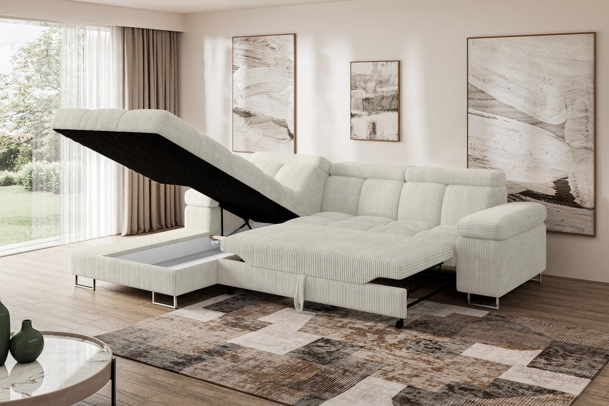 ECKSOFA mit Schlaffunktion Ottomane Links COMA L 271x203x79 Creme Cord - Mokka, Holzwerkstoff/Textil (271/203cm) - ALTDECOR