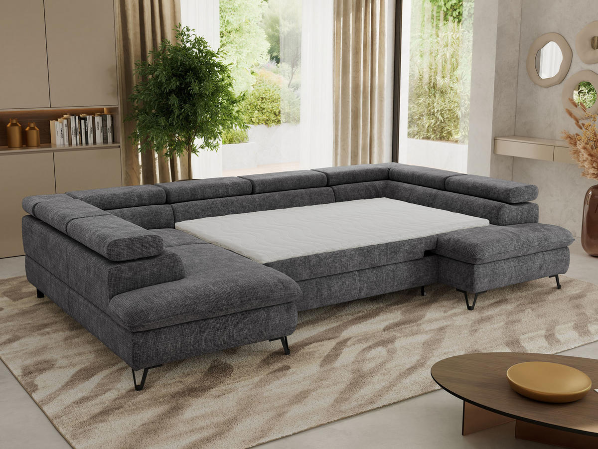 WOHNLANDSCHAFT PABLO U Schenille grob gewebt Grau mit Topper Visco - Schwarz/Grau, Textil/Metall (346/76/208cm) - MKS