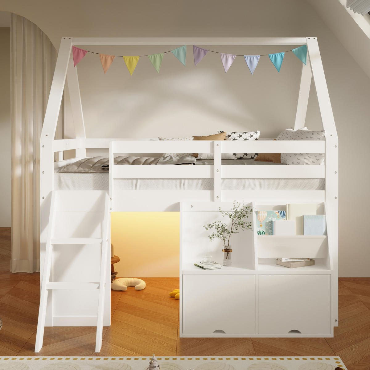 HOCHBETT 140/200 cm in Weiß mit Treppe, LED und Aufbewahrungsboxen im Hausdesign - Weiß, Holzwerkstoff (140/200cm) - STILVORA