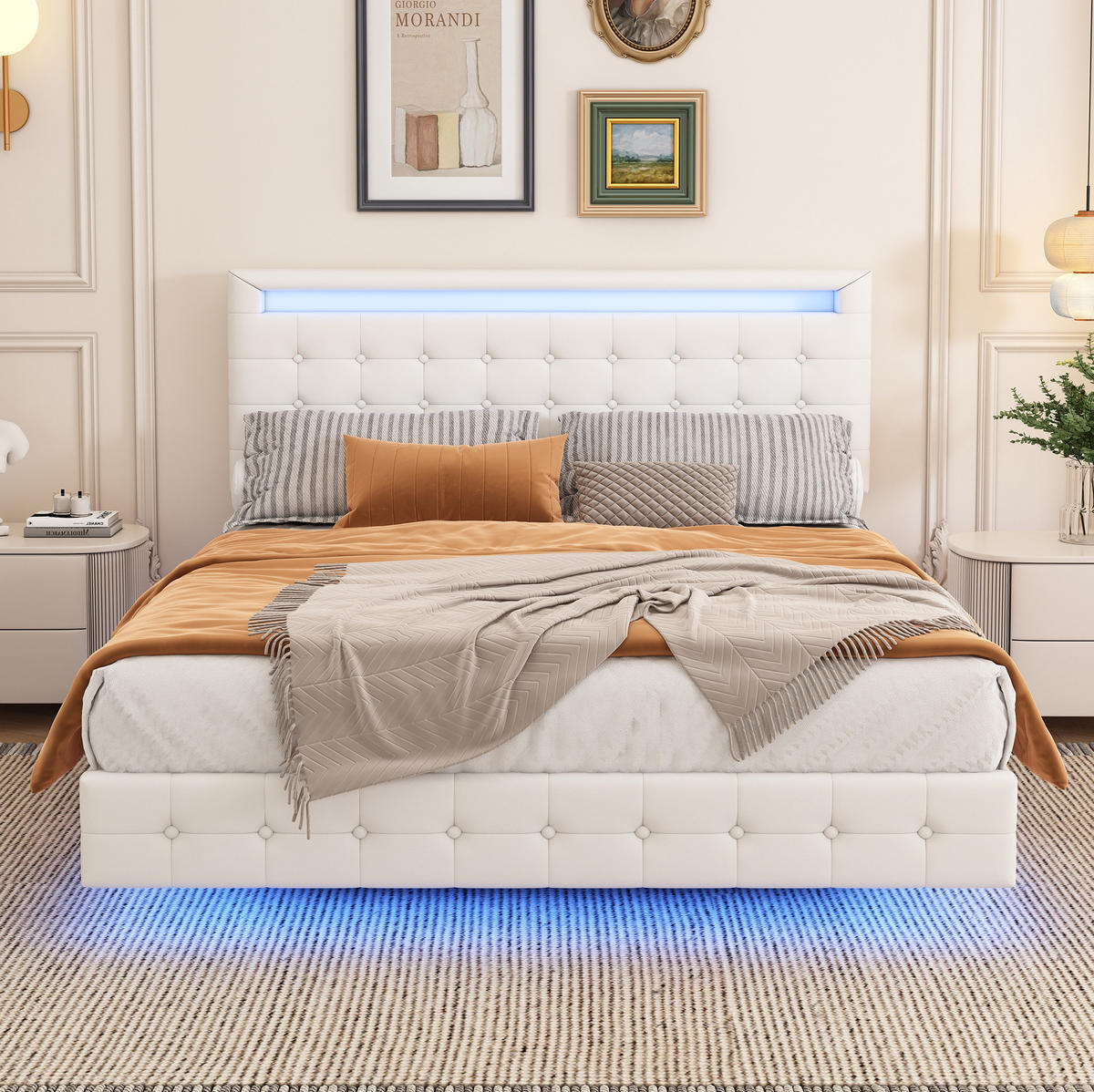 POLSTERBETT aus PU 140/200 cm mit LED-Beleuchtung, schwebender Optik und 3-fach verstellbarem Kopfteil, Weiß - Weiß, Leder (140/200cm) - Redom