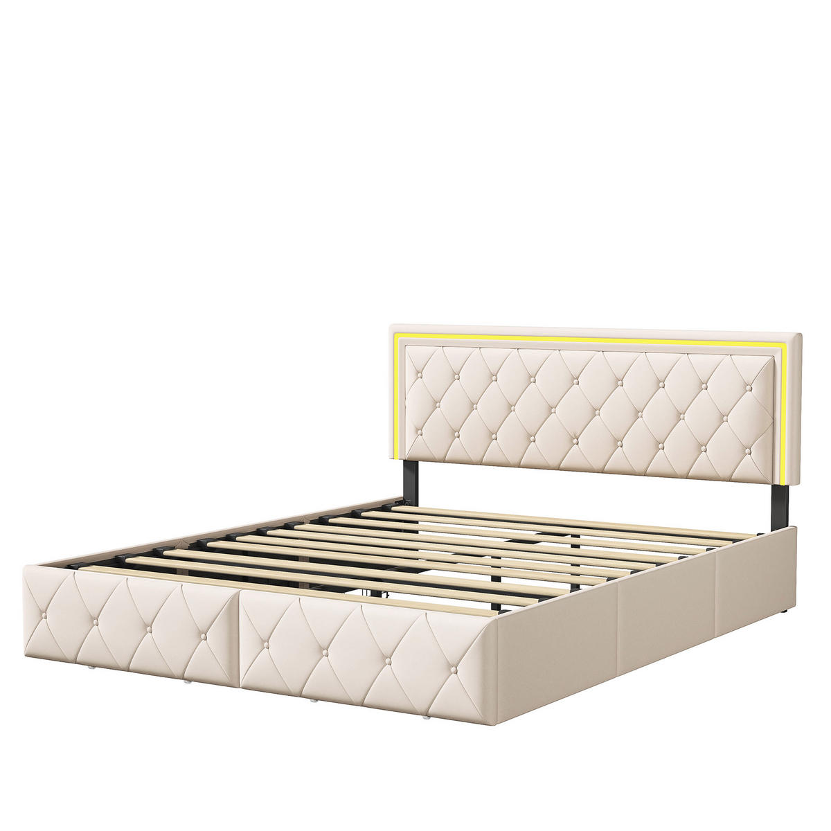 POLSTERBETT 140x200 cm, mit 4 Schubladen, Lattenrost, PU-Beige - Beige, Holzwerkstoff/Textil (200/140cm) - WoodenAura