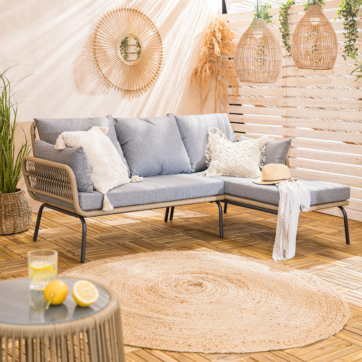 LOUNGESET - Polyrattan / Polyester - Beige / Grau - 3-teilig - Schwarz/Grau, Glas/Kunststoff - home24