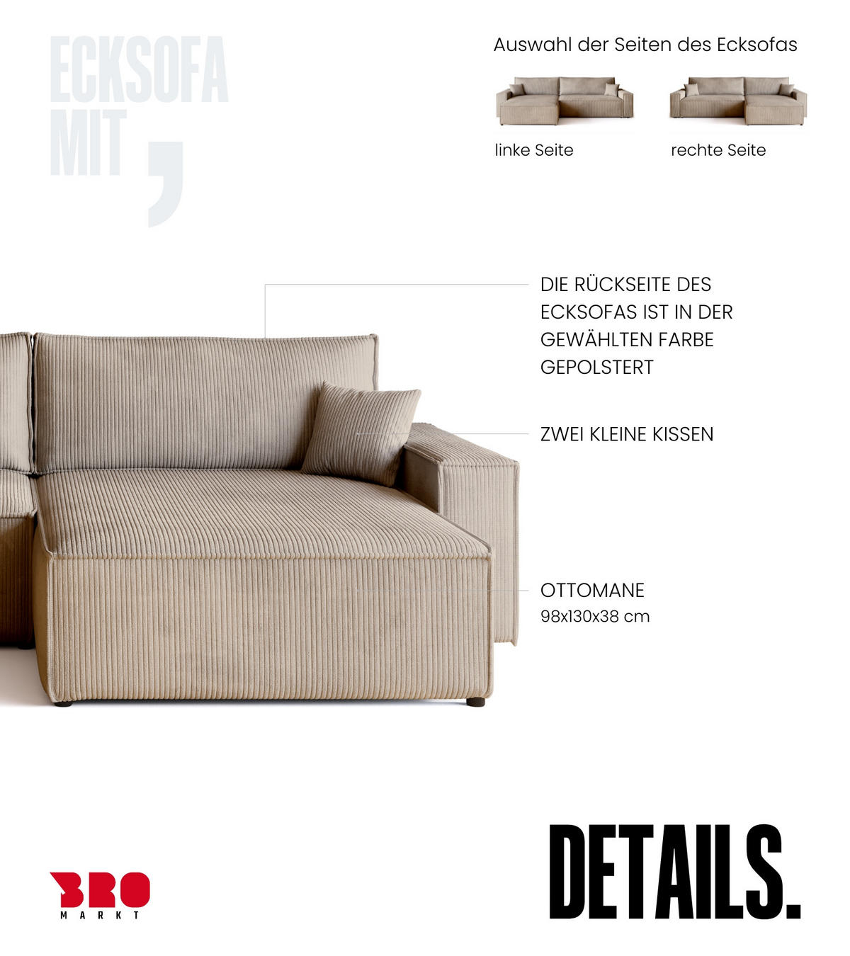 ECKSOFA ADI XL mit Schlaffunktion Beige Cord - Beige, Textil (272/143cm) - Bromarkt