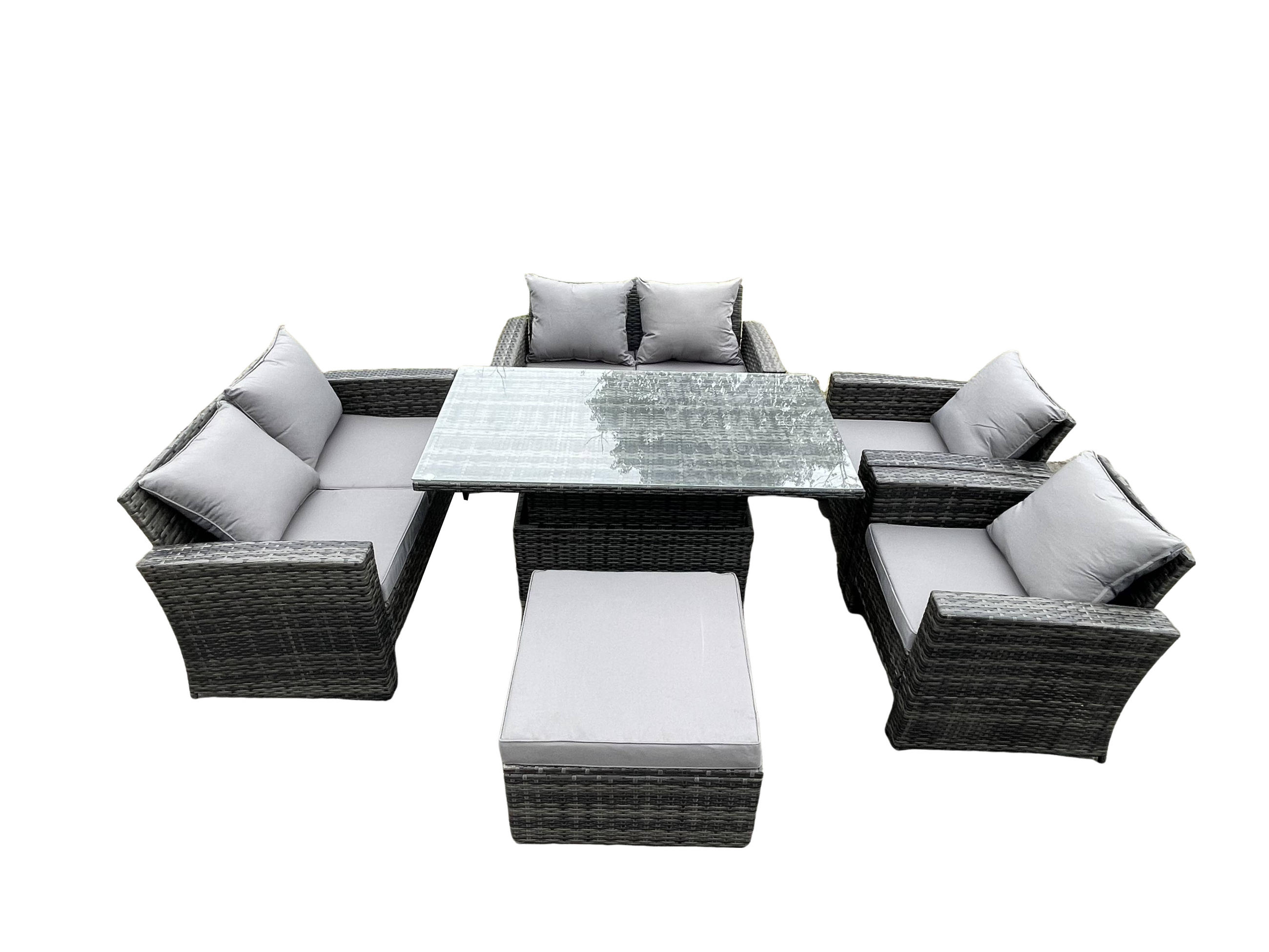 GARTENMÖBEL-SET HÖHENVERSTELLBARER ESSTISCH SESSEL SOFA MIT HOCKER Polyrattan Dunkelgrau Gemischt 7-Sitzer - Dunkelgrau, Metall - Fimous