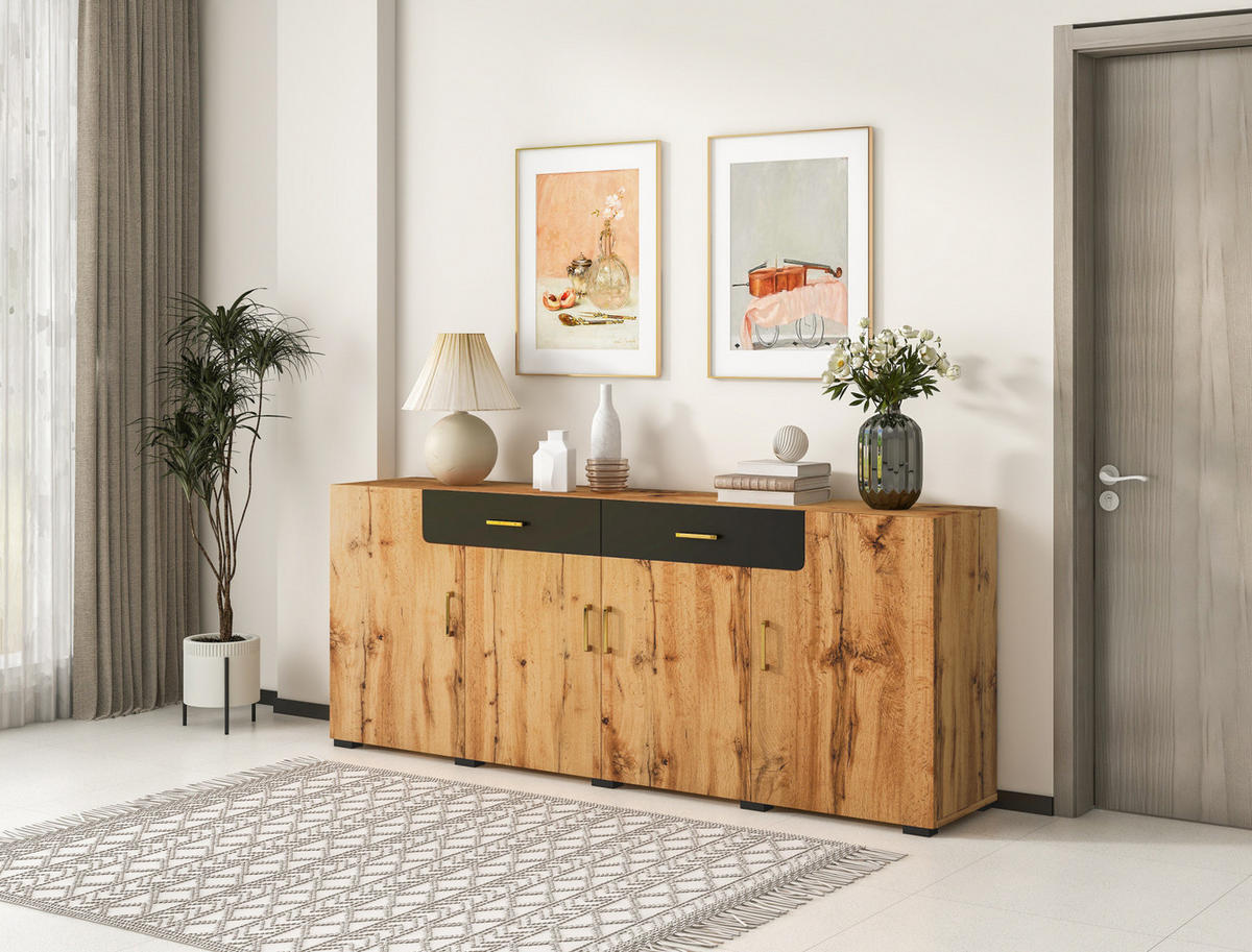 SIDEBOARD 208/39,5/80 cm, 2 Schubladen und 4 Türen, braun/weiß-marmoriertes Design, Spanplatte/MDF, braun/weiß - Braun, Holzwerkstoff (208/80/39.5cm) - Redom