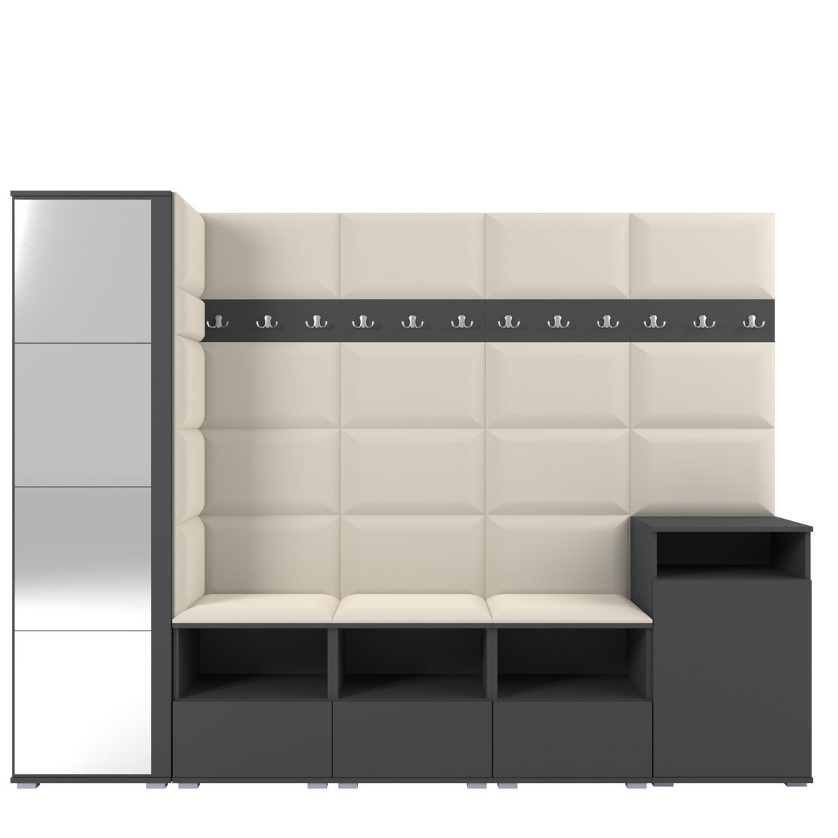 GARDEROBE NELA XI 250 cm (Modulare Flurmöbel Graphit mit Spiegel & Sitzpolster Creme 01 Großes Set) - Silberfarben/Creme, Holz/Holzwerkstoff (250/187/40cm) - Ravio