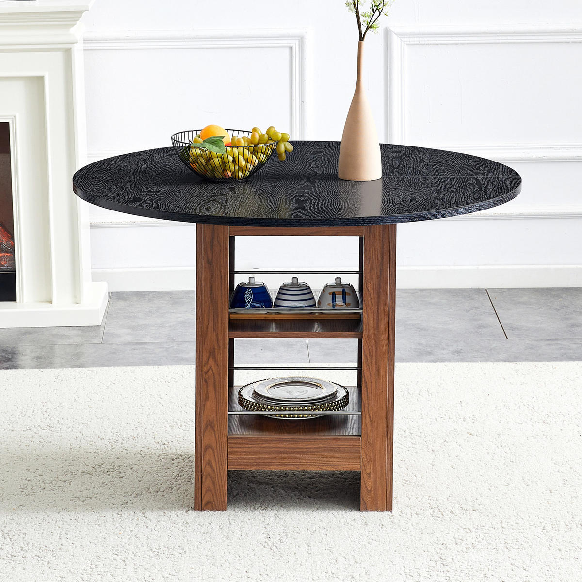 ESSTISCH 100/76 cm Walnuss/Schwarz aus MDF mit Stauraumfächern - Schwarz, Holzwerkstoff (100/100/76cm) - OKMYHOME