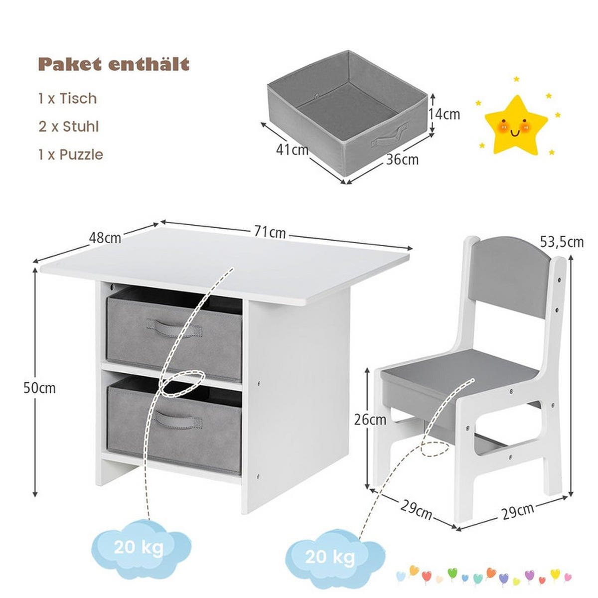 KINDERTISCHE mit Stühlen grau(3-tlg) - Grau, Holzwerkstoff (71/50/48cm) - COSTWAY