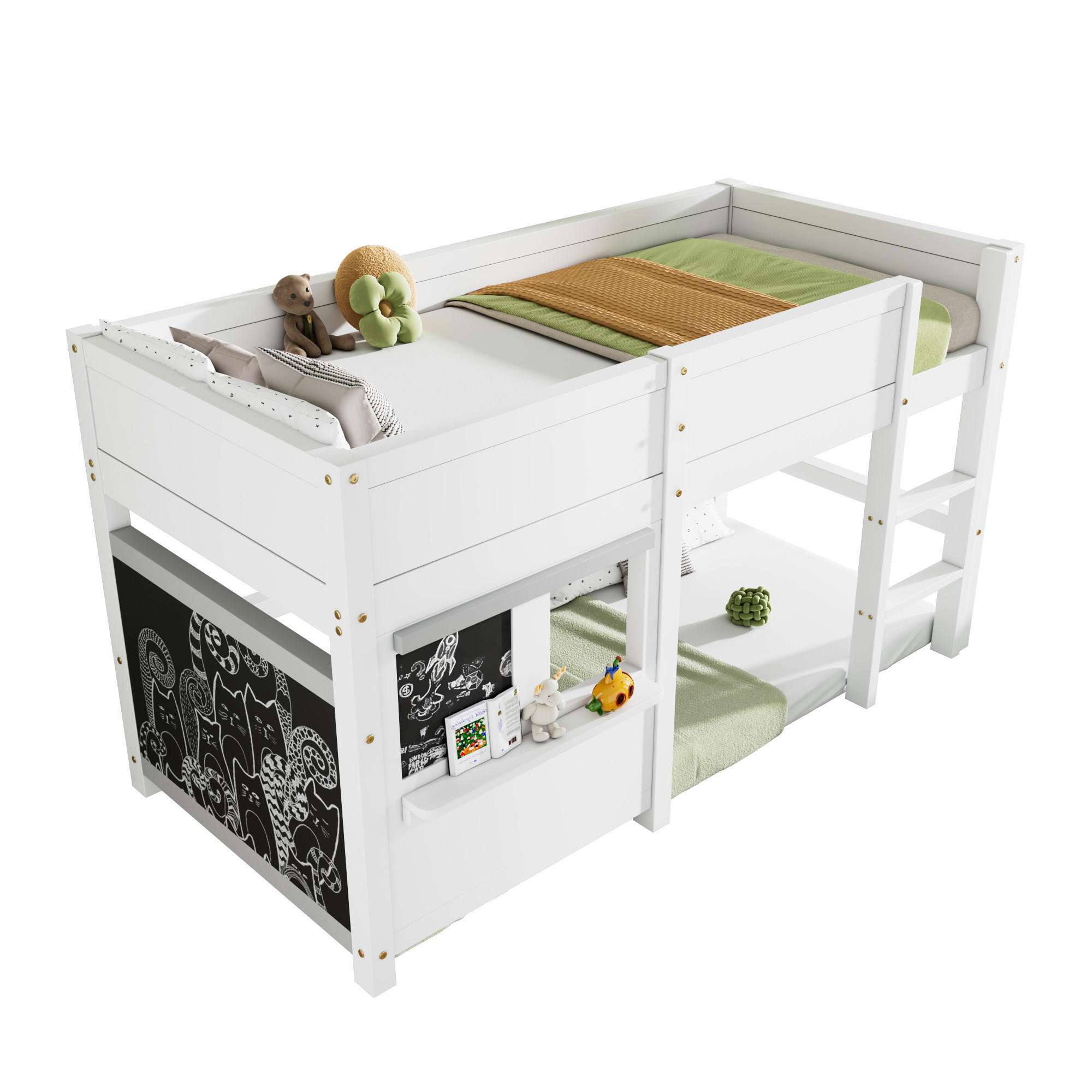 STILVORA DĚTSKÁ POSTEL 90/200 cm, bílá, domečková, s tabulí, policí a schody, skandinávský design