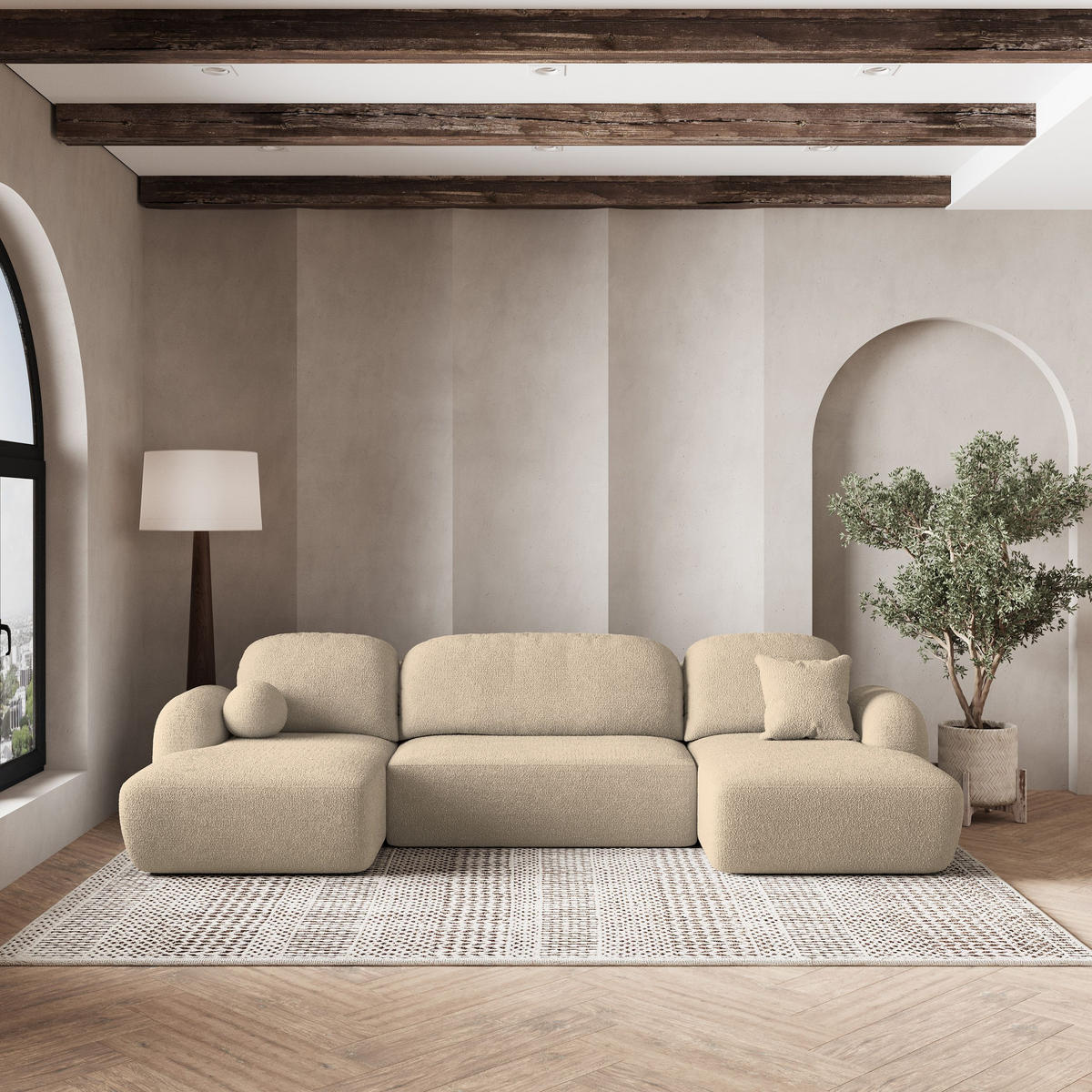 ROHOVÁ SEDAČKA SAVONA krémová - černá/krémová, dřevo/textil (320/148cm) - MASSENO