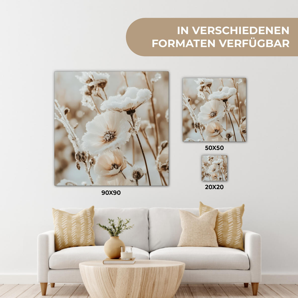 LEINWANDBILD Blumen - Winter - Weiß - Schnee - Beige 50x50 cm - Creme, Textil (50/50cm) - MuchoWow