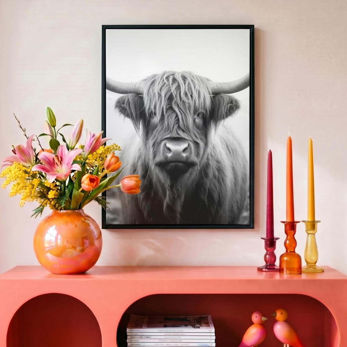 LEINWAND Bilder mit Rahmen - Schottischer Highlander - Nebel - Schwarz - Weiß - 30x40 - Grau, Textil (30/40cm) - MuchoWow