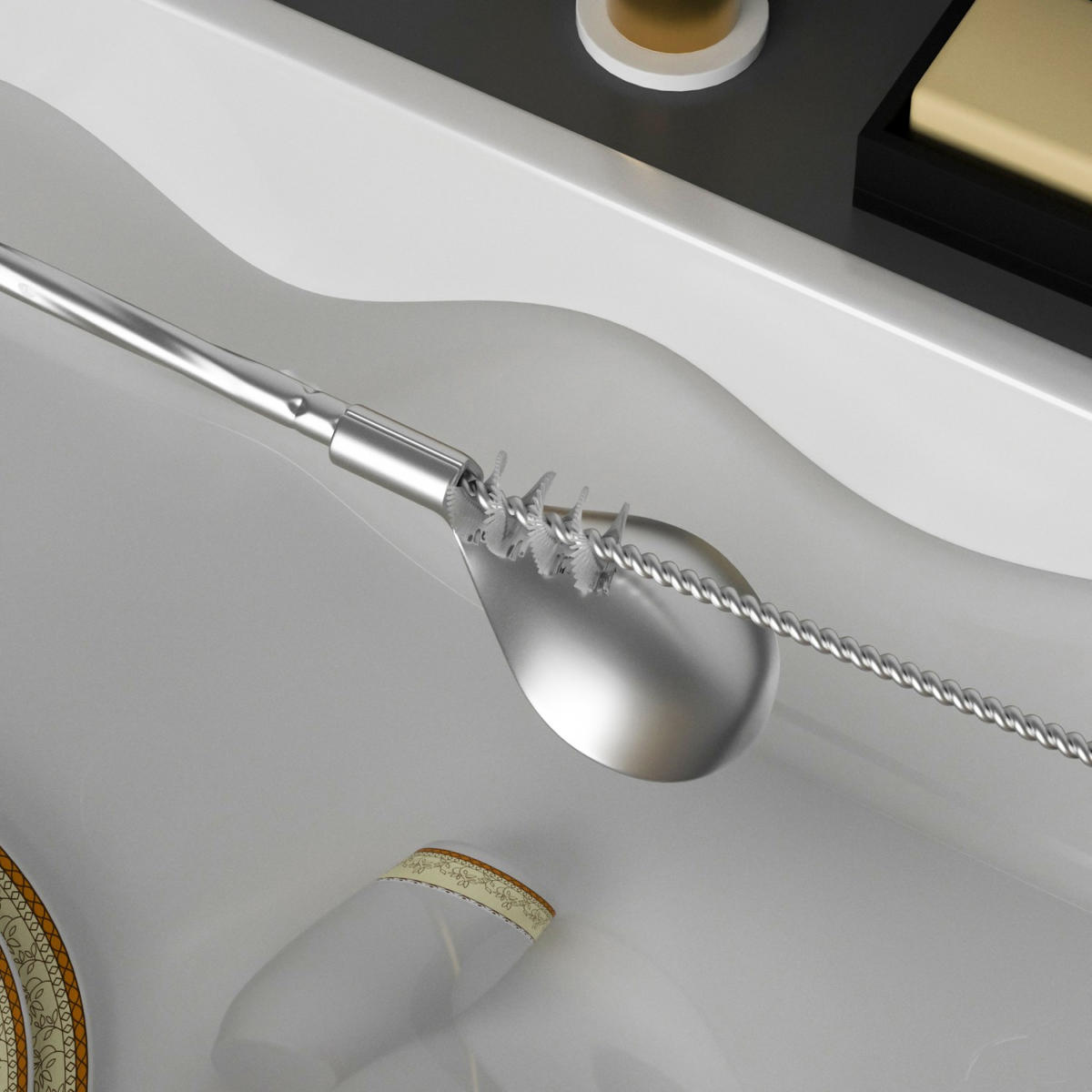STROHHALMLÖFFEL 19 cm mit Reinigungsbürste und Tasche - Silberfarben, Metall - Intirilife