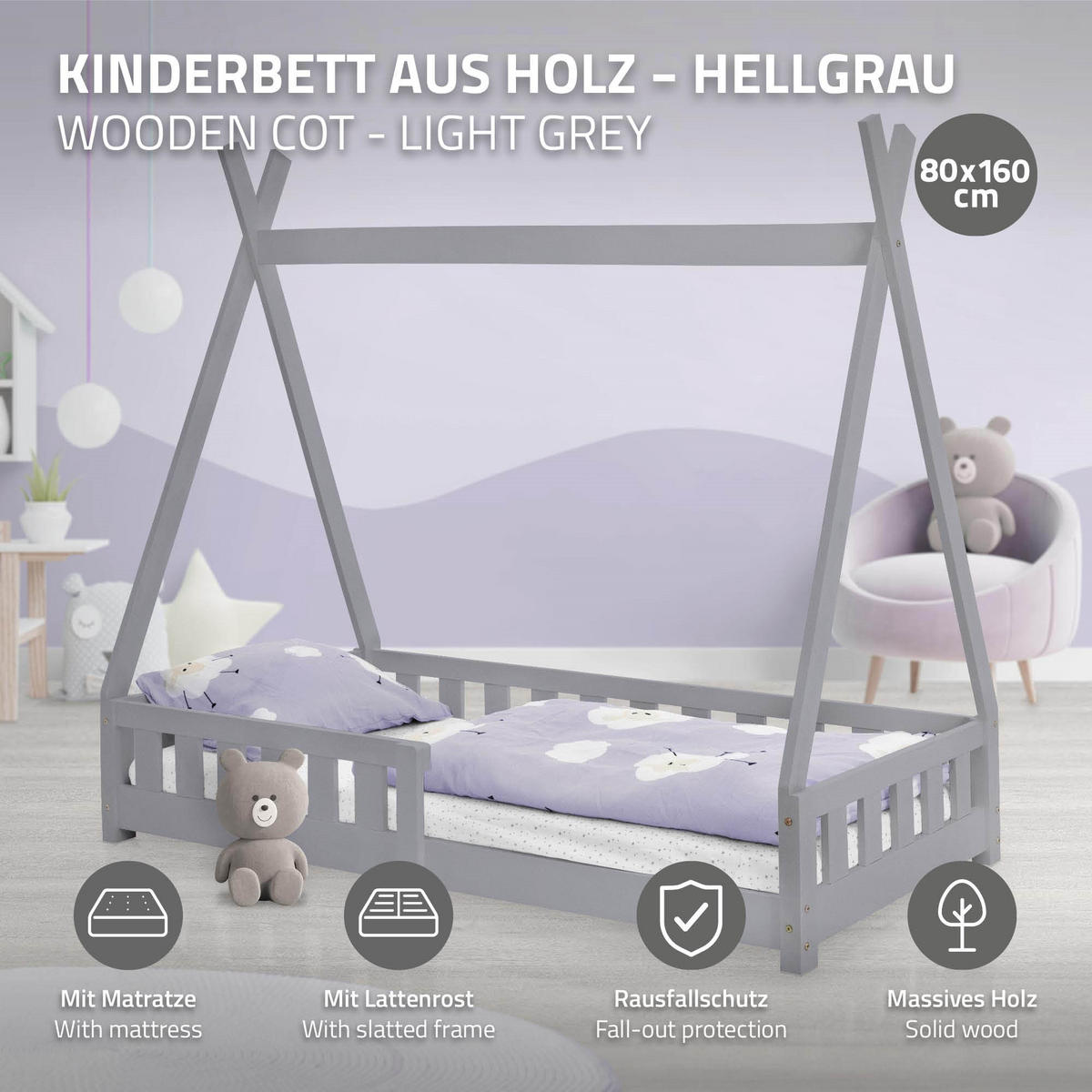 KINDERBETT Tipi mit Matratze 80x160 cm Hellgrau - Hellgrau, Holz (86/150/168cm) - ML-DESIGN