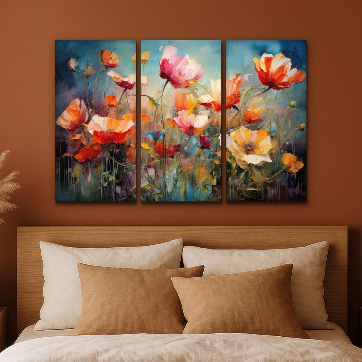 LEINWANDBILD 3er Set Blumen - Bunt - Abstrakt 120x80 cm - Blaugrau, Textil (120/80cm) - MuchoWow