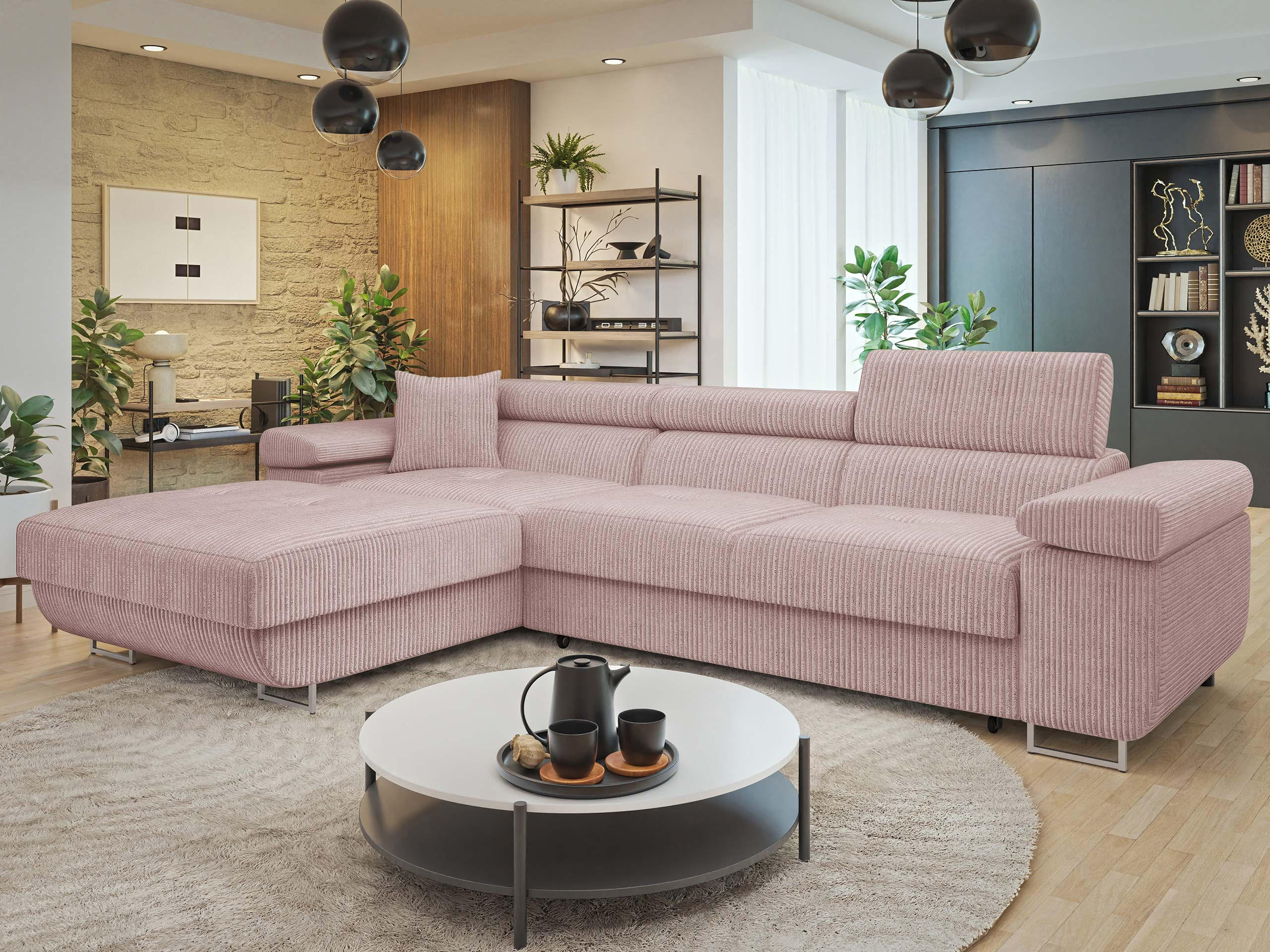 ECKSOFA Torezio Mini Cord, Seite: Links - Rosa, Holz/Textil (280/170cm) - MIRJAN24